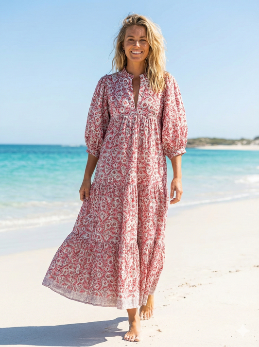red floral pattern printed women's long maxi dress