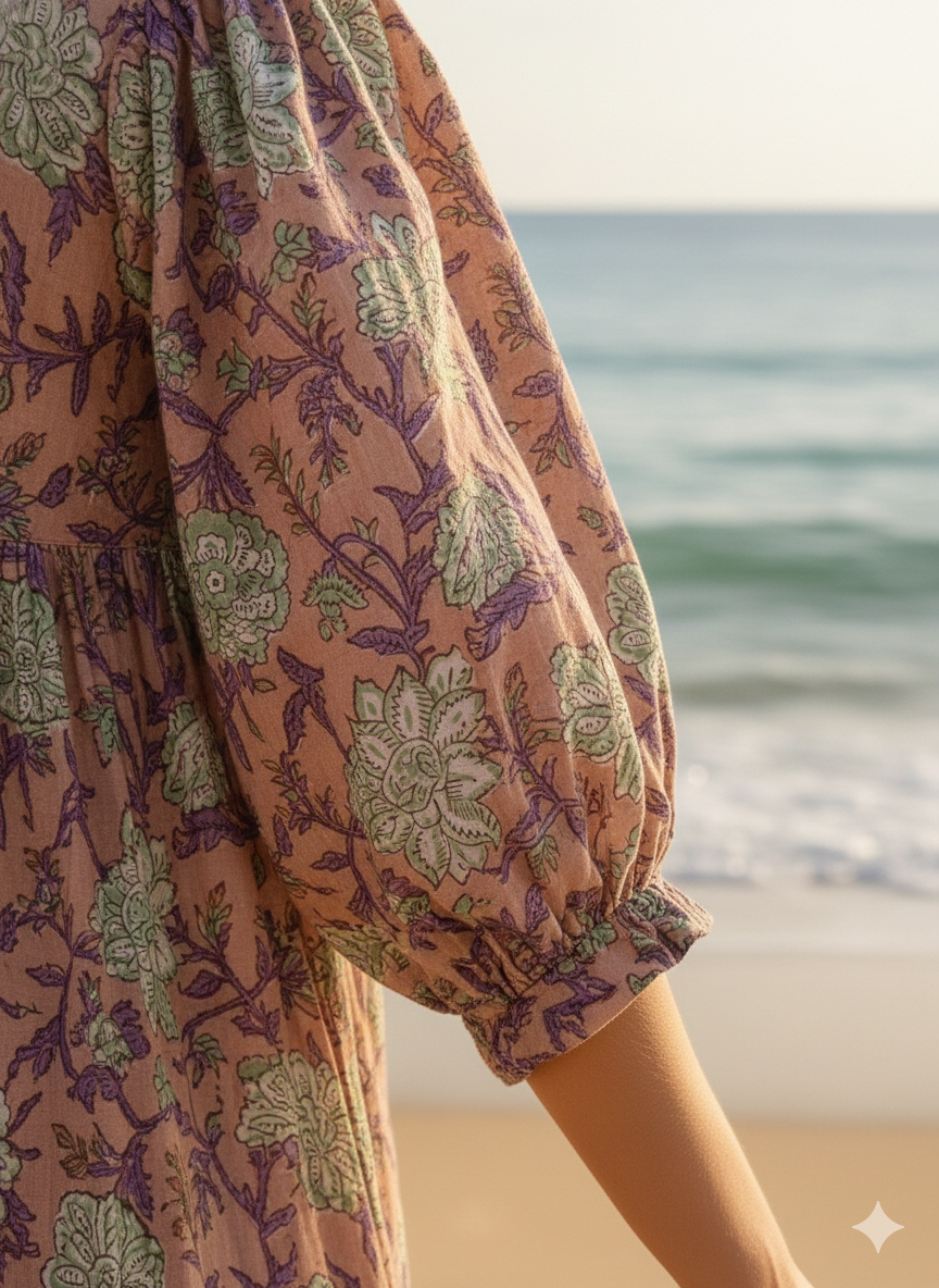 vintage rose gold floral block printed women's maxi dress