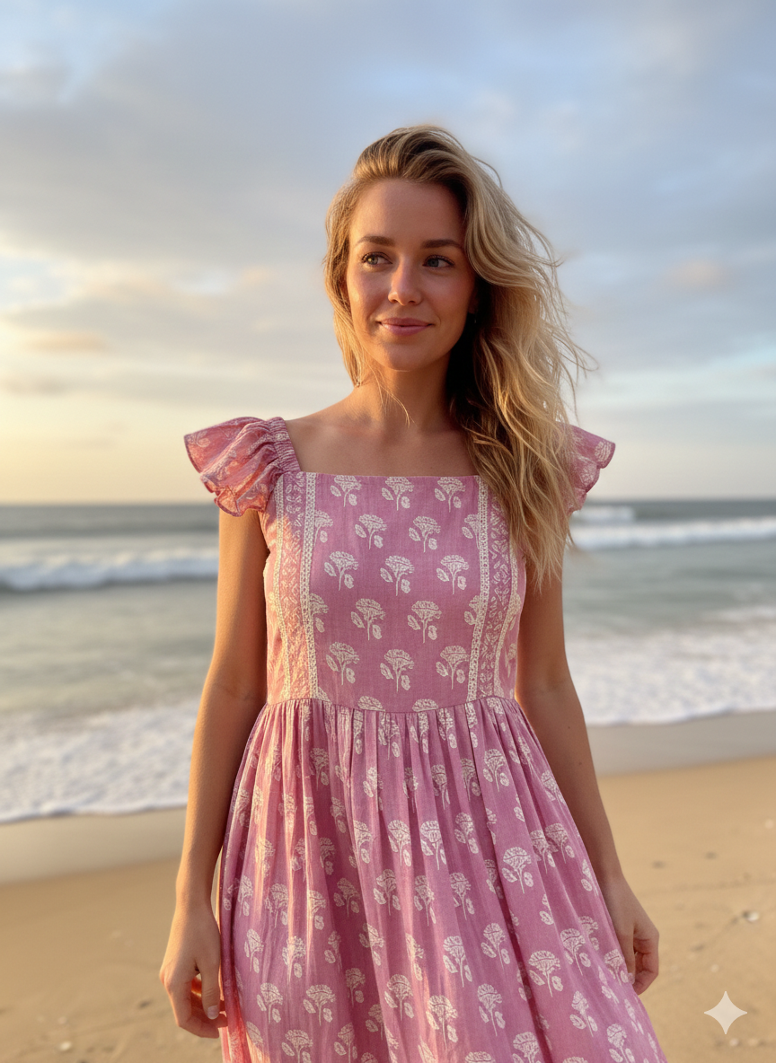 pink hand block print maxi sleeveless dress