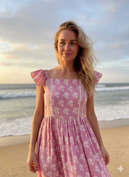 pink hand block print maxi sleeveless dress