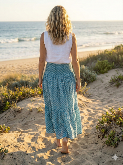 indian green blue floral hand block printed women's maxi skirts
