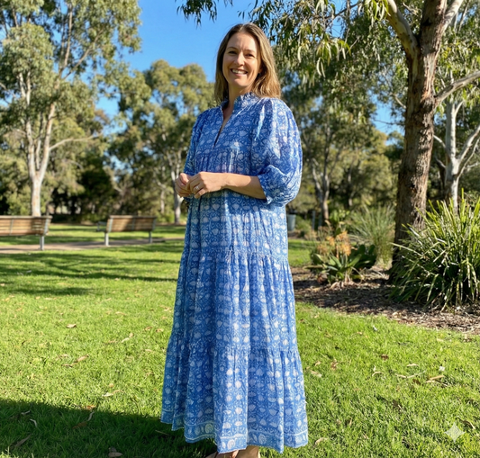 blue floral jungle printed women's maxi dress - boho maxi dress with belt