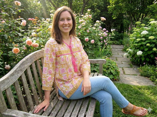 mustard blouse with pink floral pattern