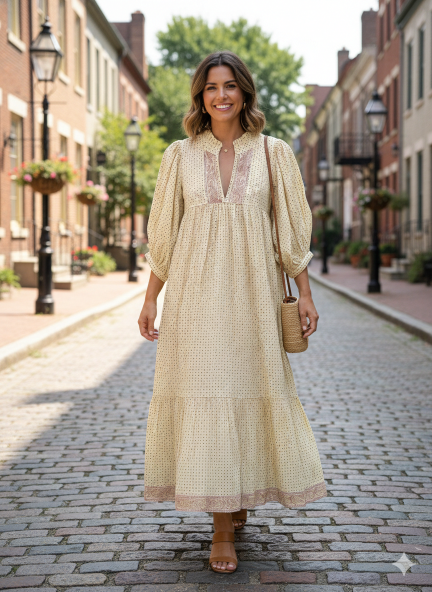 stylish yellow-brown doted printed women's maxi dress