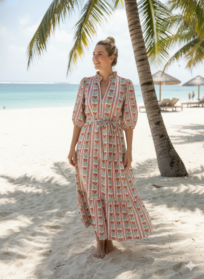 Mint Red Floral Stripe Block Print Cotton Midi Dress – Boho Handmade Tiered Dress with Puff Sleeves