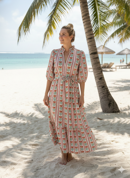 Mint Red Floral Stripe Block Print Cotton Midi Dress – Boho Handmade Tiered Dress with Puff Sleeves
