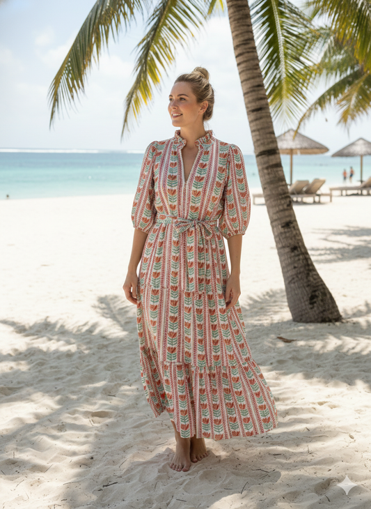 Mint Red Floral Stripe Block Print Cotton Midi Dress – Boho Handmade Tiered Dress with Puff Sleeves