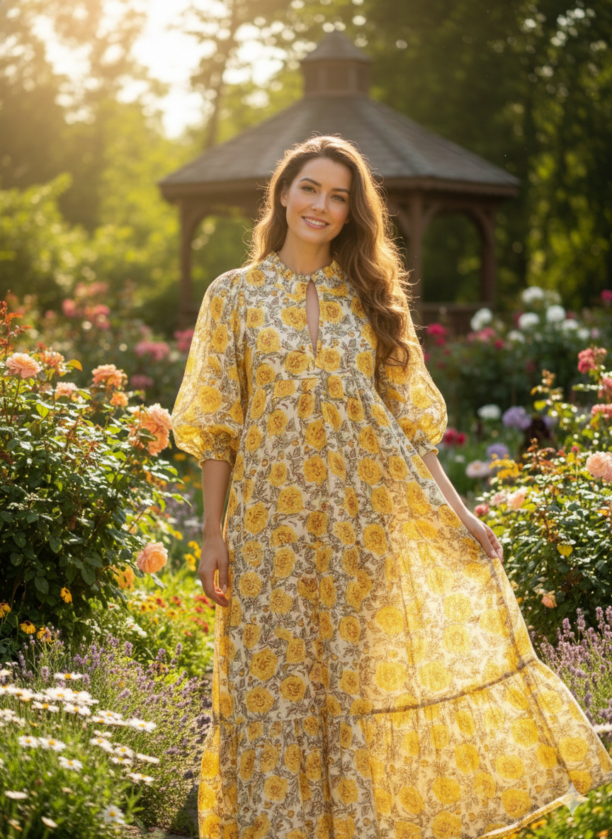 Yellow Marigold Floral Hand Block Printed Cotton Midi Dress – Boho Ruffle Neck Tiered Dress – Puff Sleeve Indian Summer Dress for Women