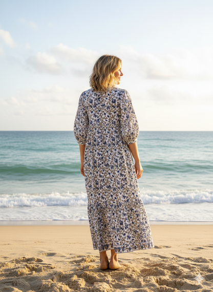 blue-gray jungle printed women's long maxi dress