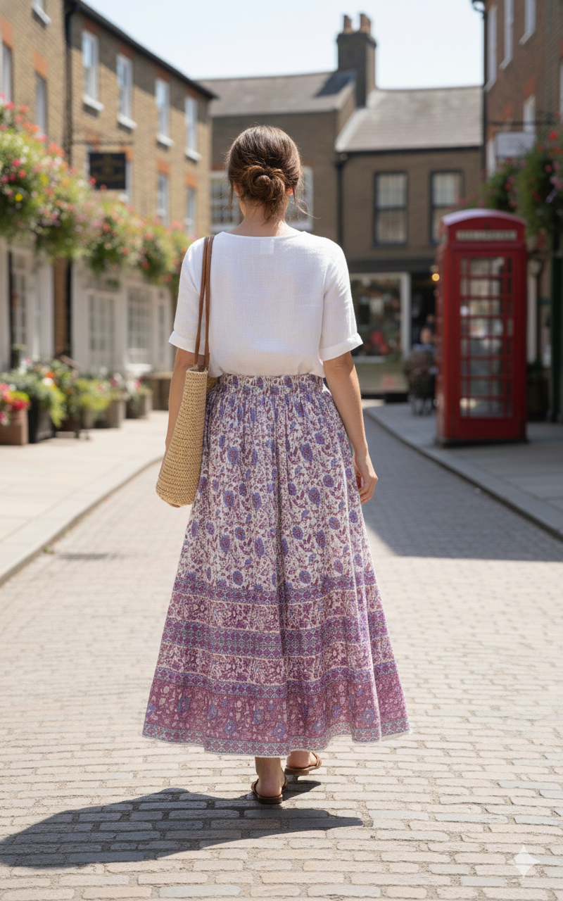 summer cotton purple blue floral screen printed women's long skirts