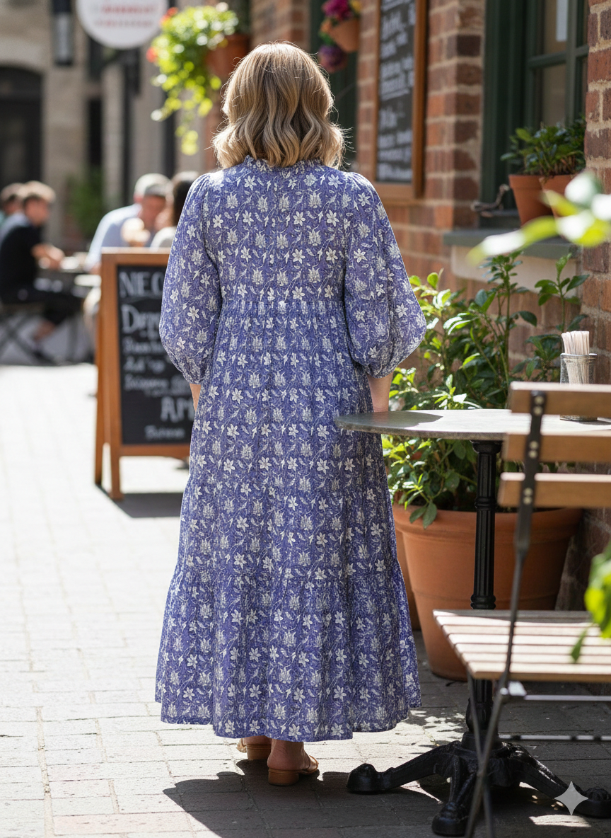 cute church dresses Lavender White Floral Hand Block Printed Cotton Midi Dress – Boho Puff –  Karni Exports
