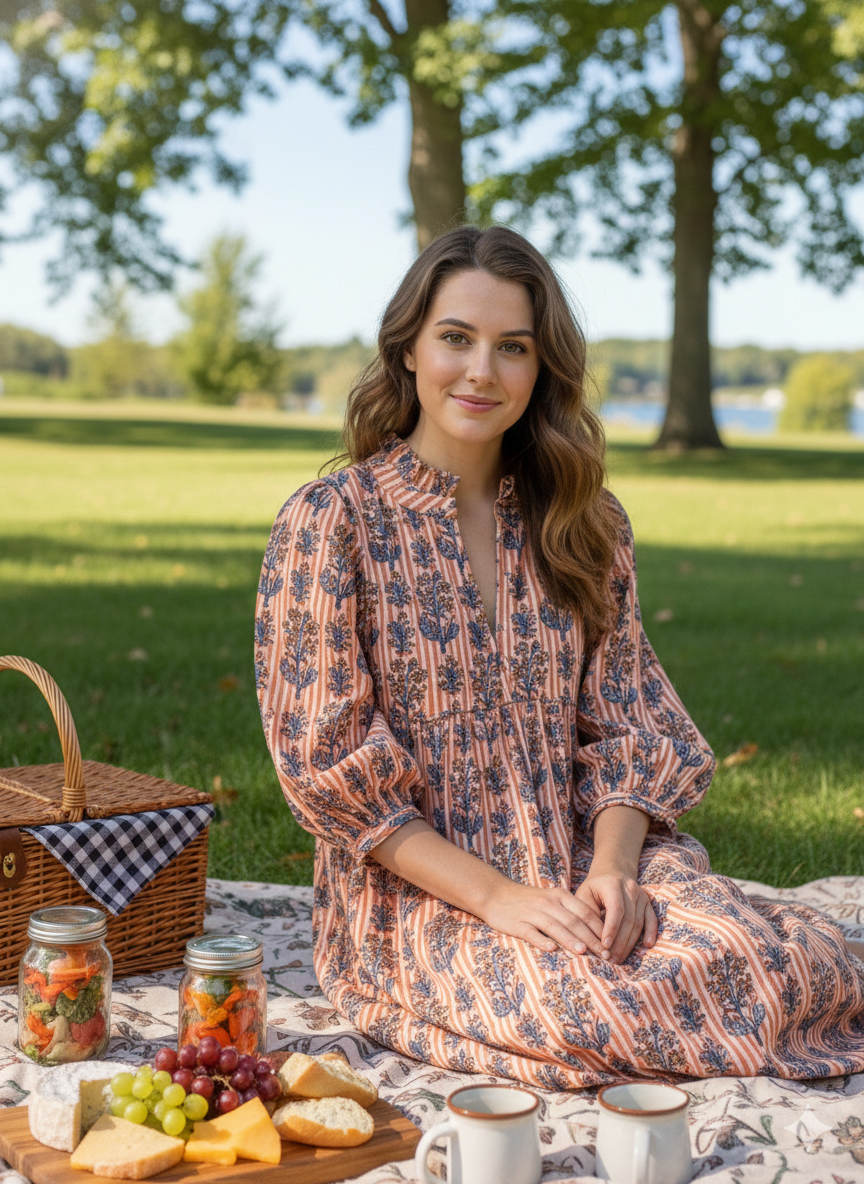 Peach & Indigo Striped Hand Block Printed Cotton Midi Dress – Boho Puff Sleeve Floral Dress