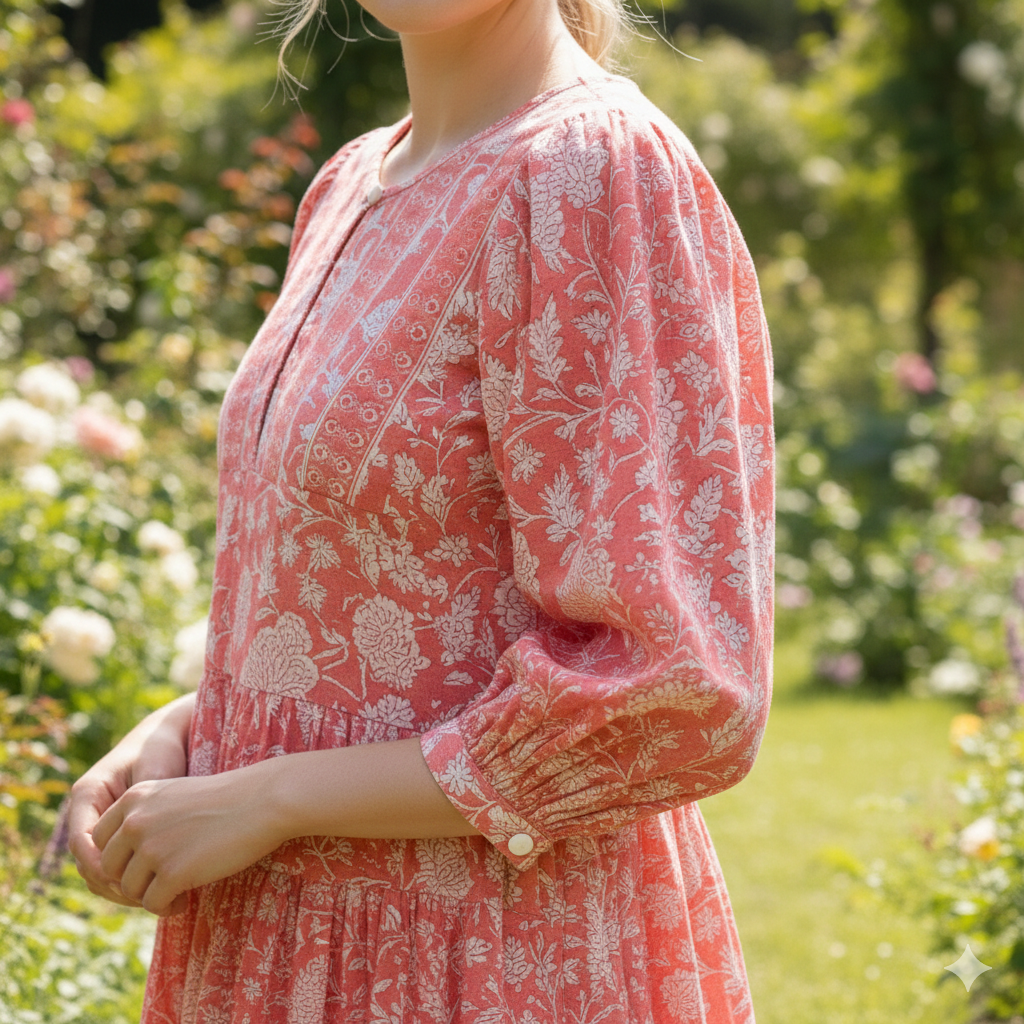 Coral Pink Floral Hand Block Printed Cotton Midi Dress – Puff Sleeve Boho Indian Dress