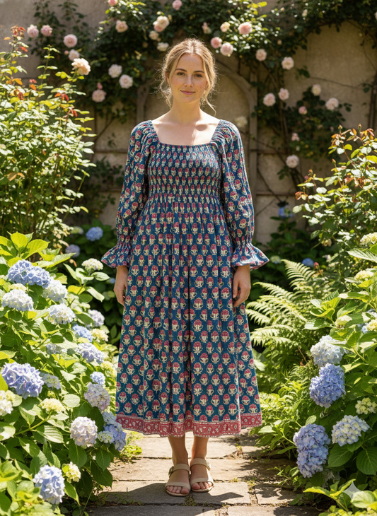 pink blue floral hand block printed womens maxi dress with smoking