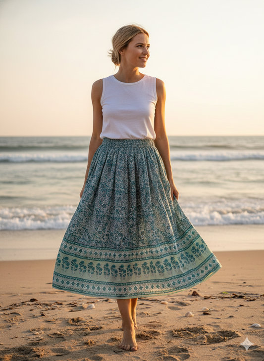 cotton green floral screen printed women's maxi skirts