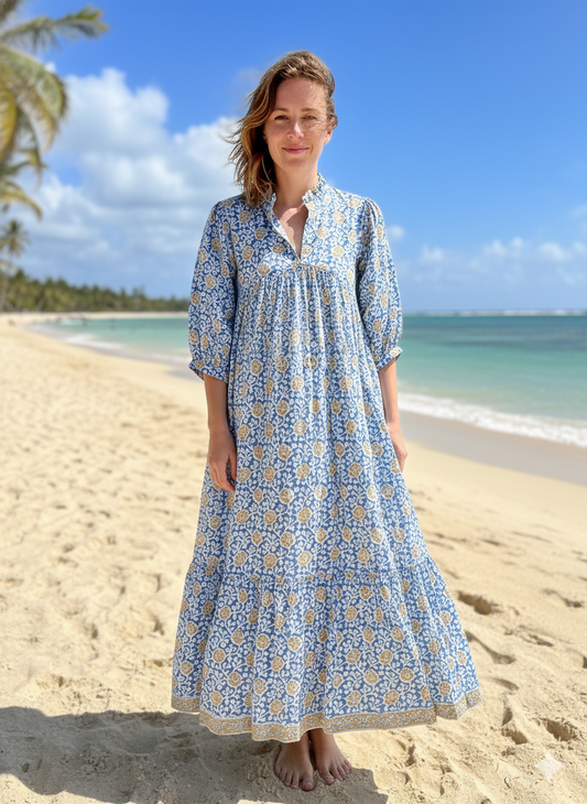 blue-yellow floral block printed women's maxi dress