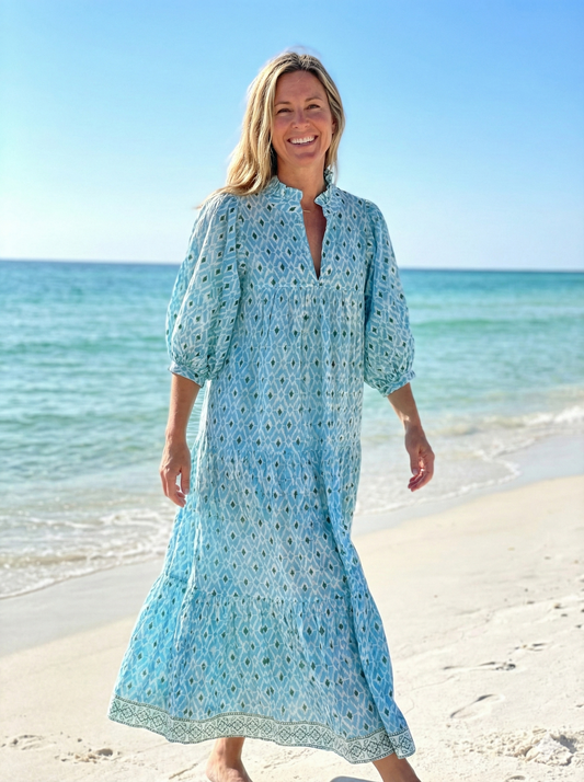 blue geometrical pattern printed women's maxi dress