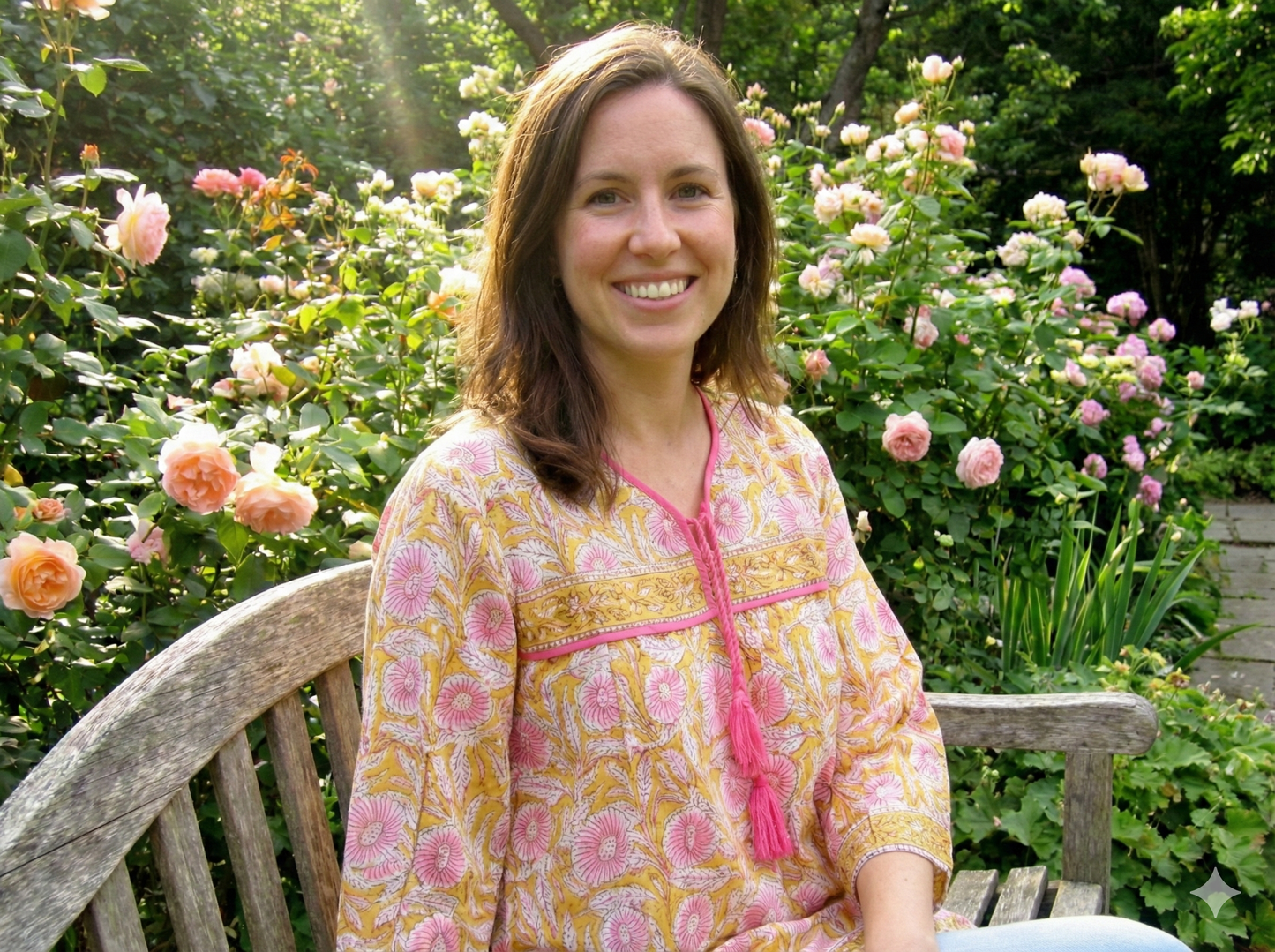 mustard blouse with pink floral pattern