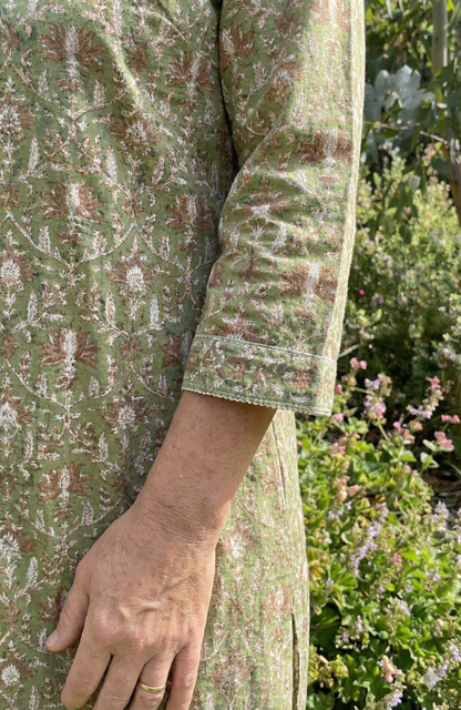 Olive Green Floral Hand Block Printed Cotton Kurta – Women’s Indian Tunic