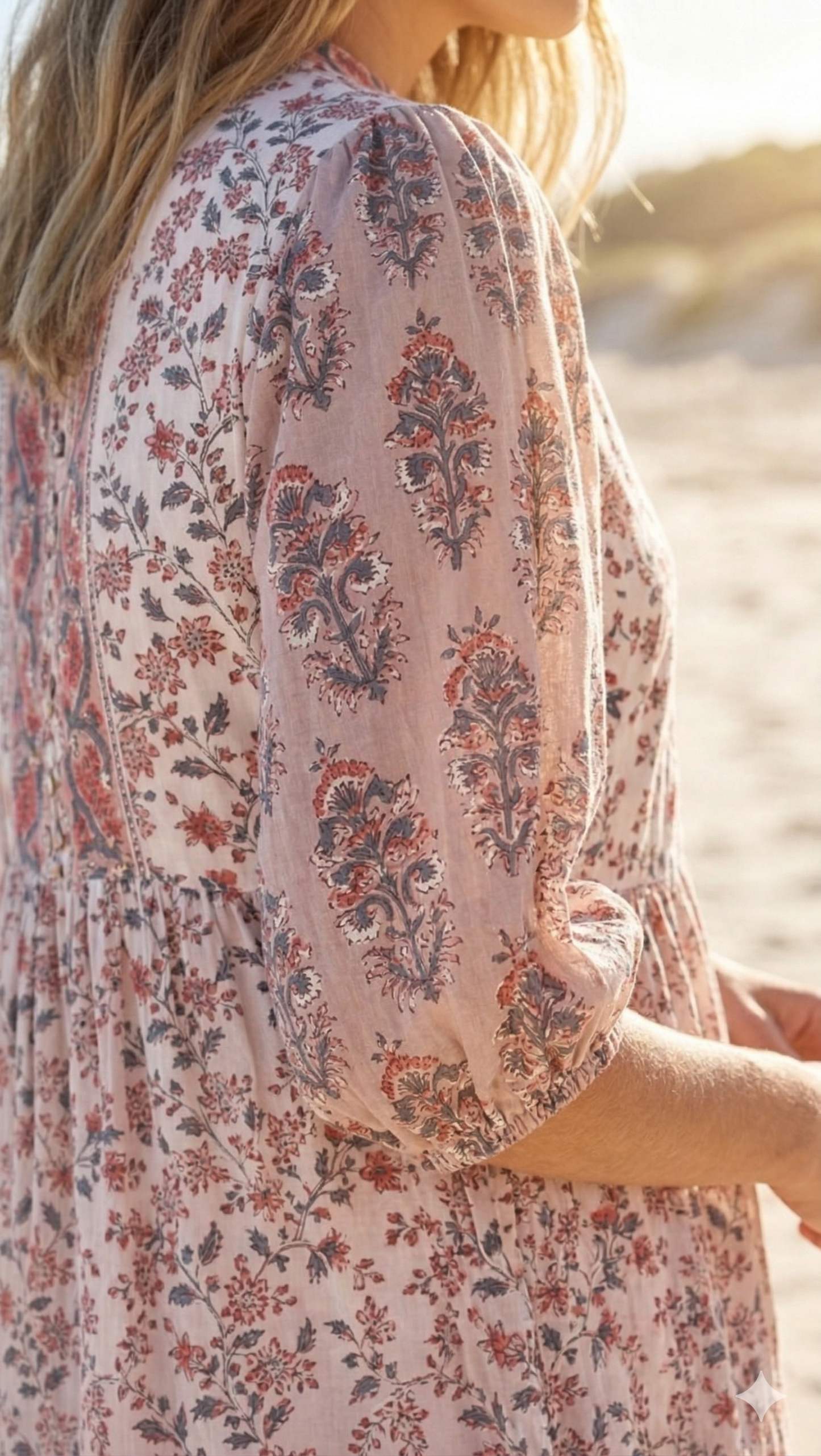 Blush Pink Beige Floral Hand Block Print Cotton Maxi Dress – Boho Tiered Summer Style