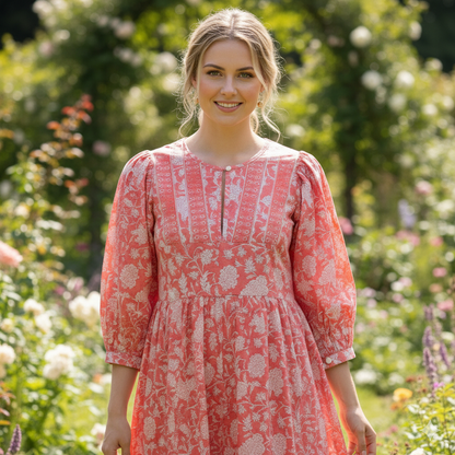 Coral Pink Floral Hand Block Printed Cotton Midi Dress – Puff Sleeve Boho Indian Dress