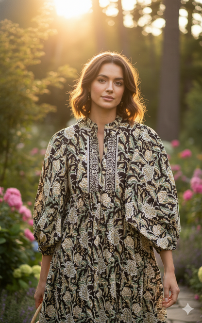 Black Beige Floral Block Print Cotton Midi Dress – Boho Handmade Tiered Dress with Puff Sleeves & Contrast Yoke