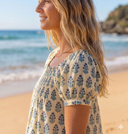Blue Botanical Pajama Co-Ord Set - Smocked Puff Sleeve Top & Relaxed Shorts