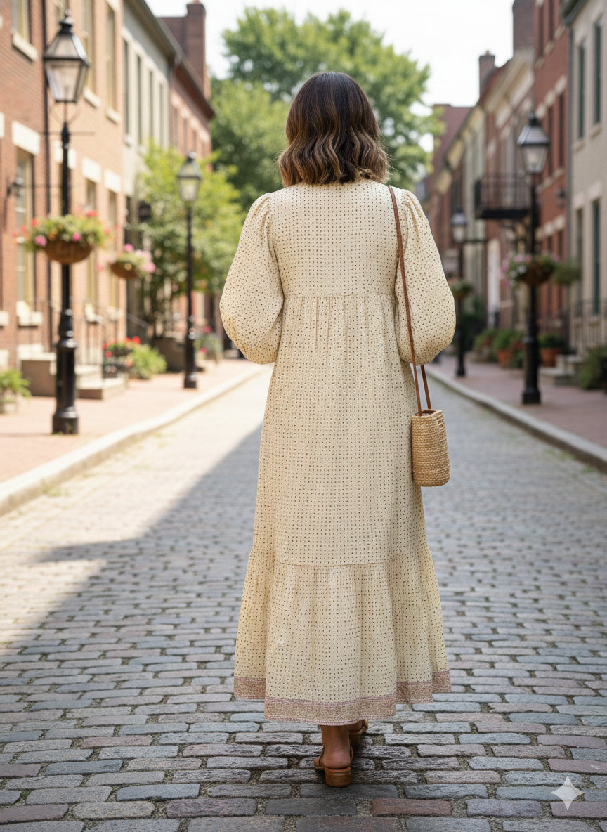 stylish yellow-brown doted printed women's maxi dress