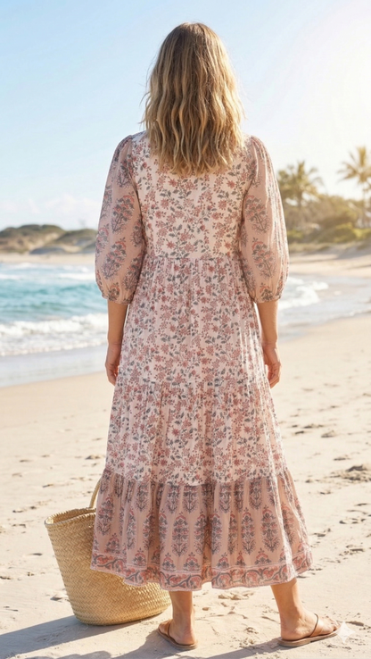Blush Pink Beige Floral Hand Block Print Cotton Maxi Dress – Boho Tiered Summer Style