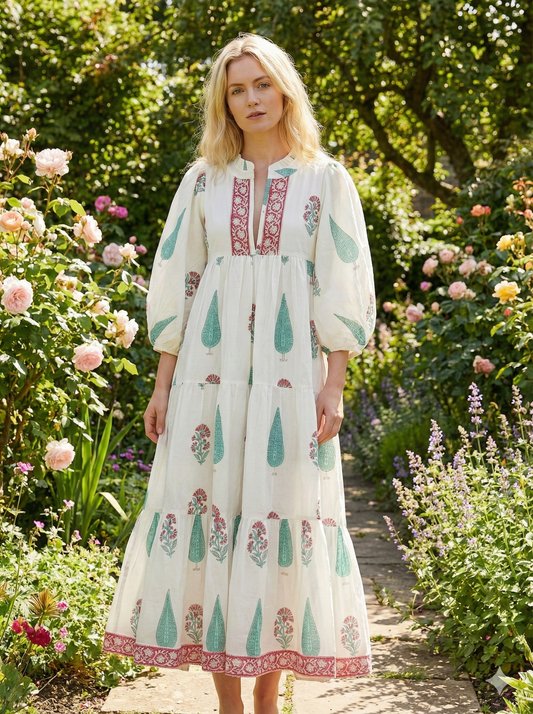 Ivory Green Floral Block Print Cotton Midi Dress – Boho Handmade Tiered Dress with Puff Sleeves & Contrast Red Yoke
