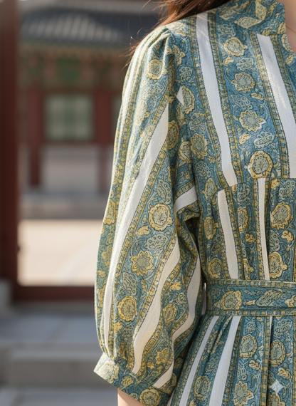 Sage Green Floral Striped Hand Block Printed Cotton Midi Dress by the Yard – Free Shipping