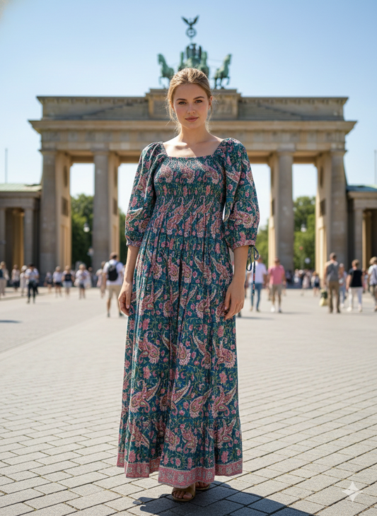 Teal Blue Floral Block Print Cotton Midi Dress – Smocked Puff Sleeve Boho Dress