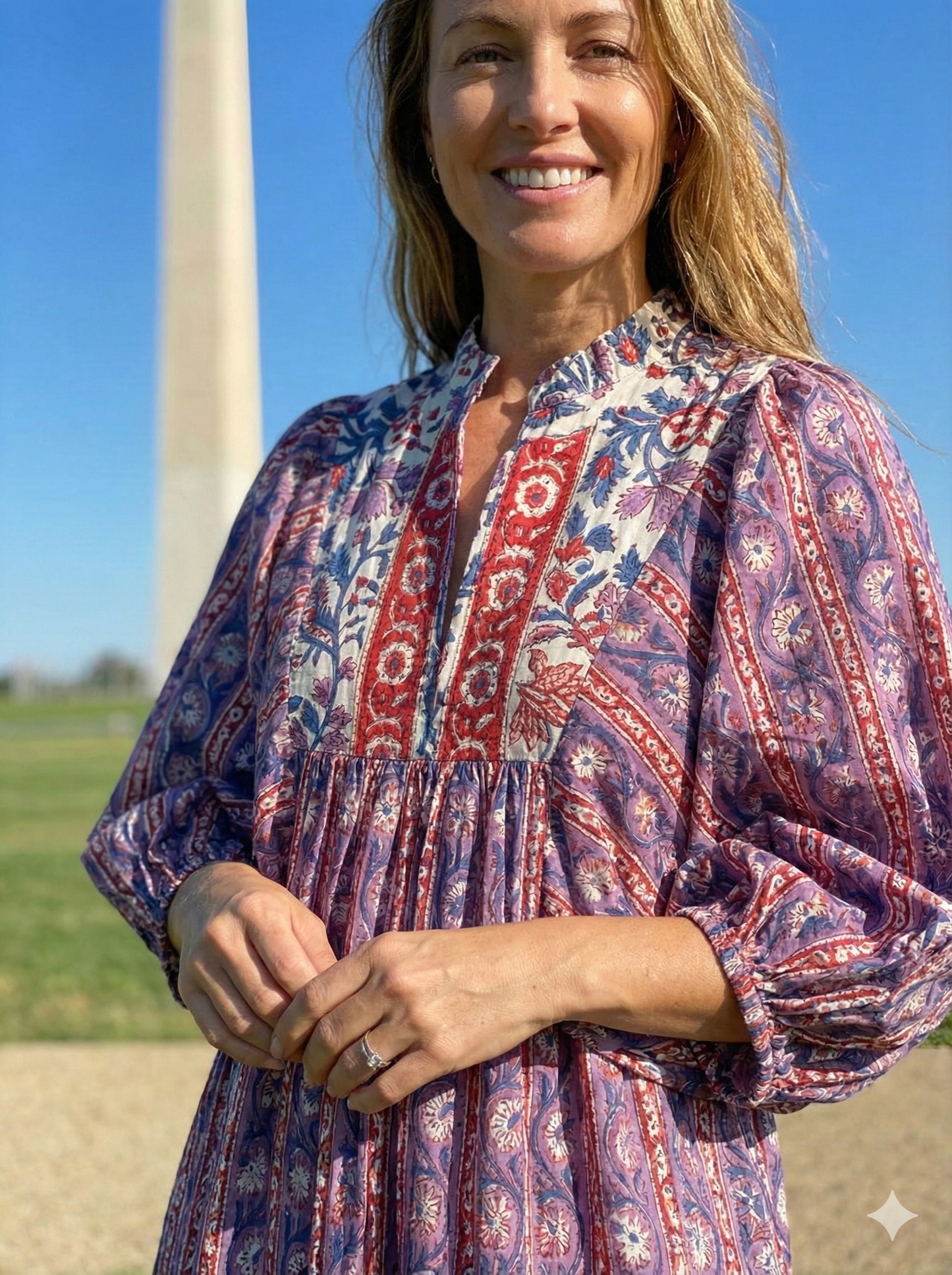 Purple Red Block Print Cotton Midi Dress – Boho Handmade Tiered Dress with Puff Sleeves & Mixed Floral Prints