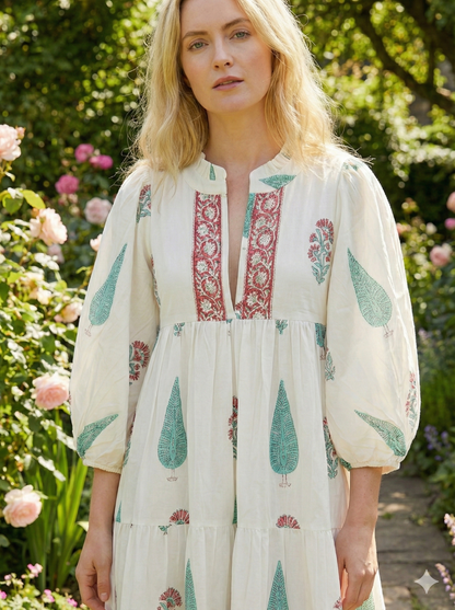 Ivory Green Floral Block Print Cotton Midi Dress – Boho Handmade Tiered Dress with Puff Sleeves & Contrast Red Yoke