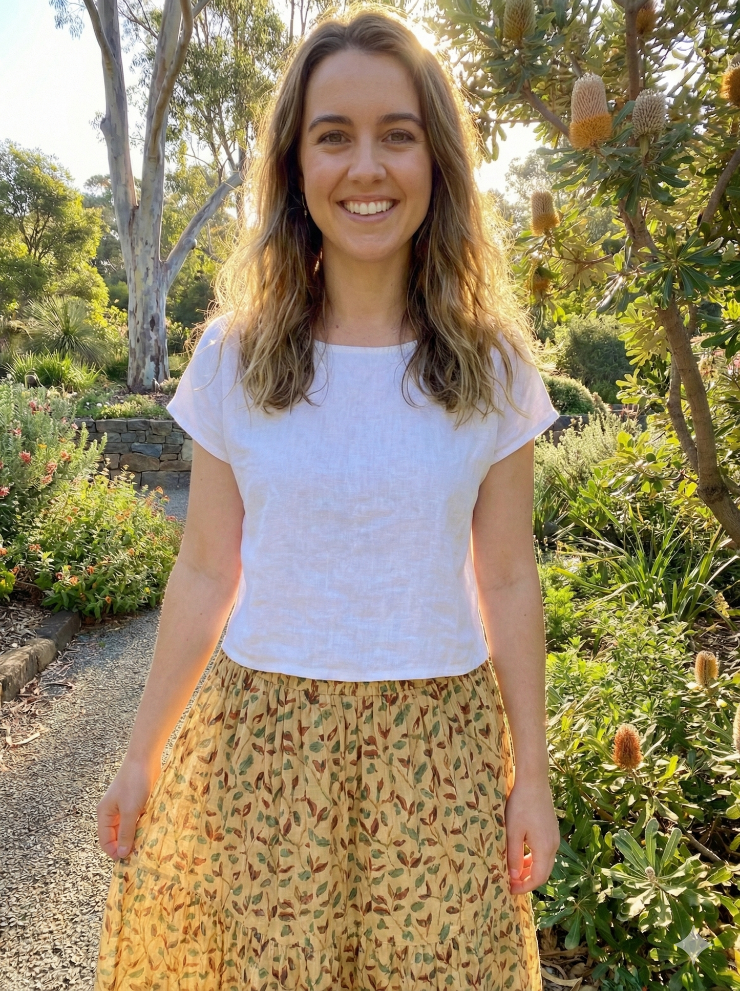 Mustard Leaf Block Print Cotton Smocked Dress – Handcrafted Boho Midi Sundress