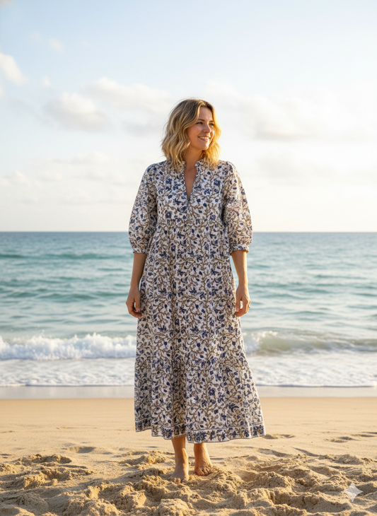 blue-gray jungle printed women's long maxi dress