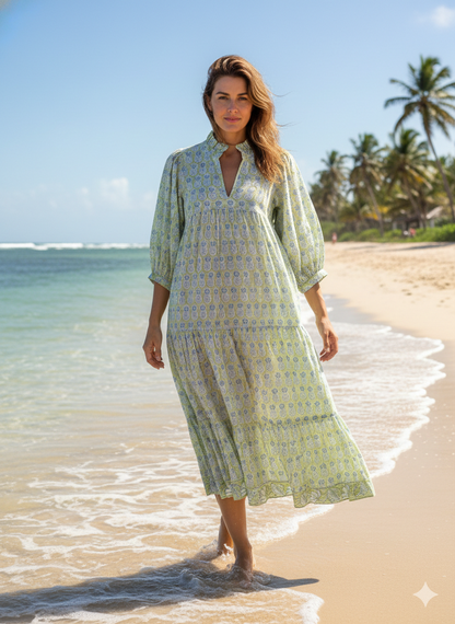 formal green-blue pineapple printed women's maxi dress