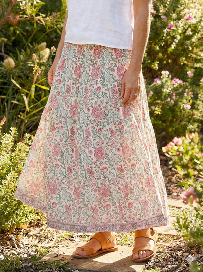 Pink Green Floral Block Print Cotton Smocked Dress – Handcrafted Boho Midi Sundress – Free Shipping