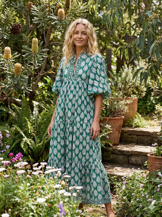Green White Leaf Block Print Cotton Dress – Handcrafted Boho Midi Dress with Puff Sleeves – Free Shipping