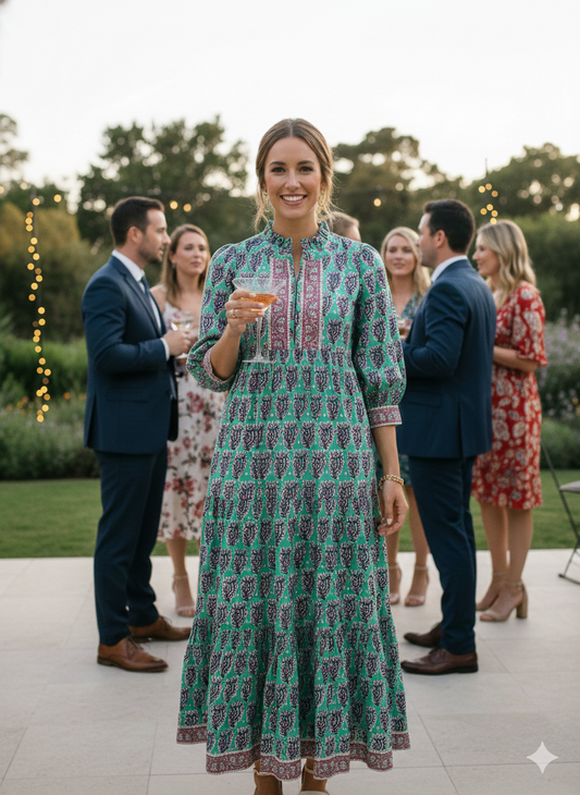 Teal Purple Floral Block Print Cotton Midi Dress – Boho Handmade Tiered Dress with Puff Sleeves & Contrast Yoke