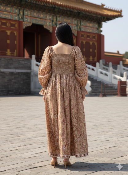 Tan Pink Floral Hand Block Printed Cotton Maxi Dress – Square Neck Bohemian Dress