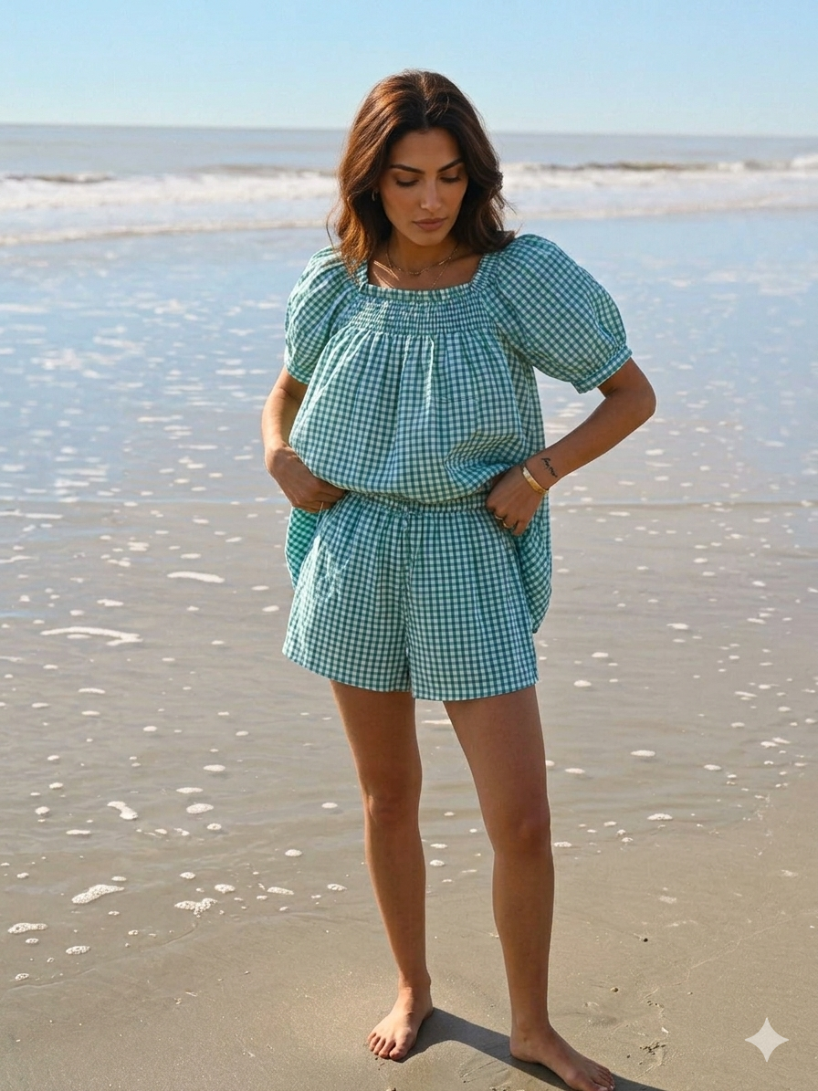 Turquoise Gingham Cotton Lounge Set – Puff Sleeve Smocked Top & Shorts