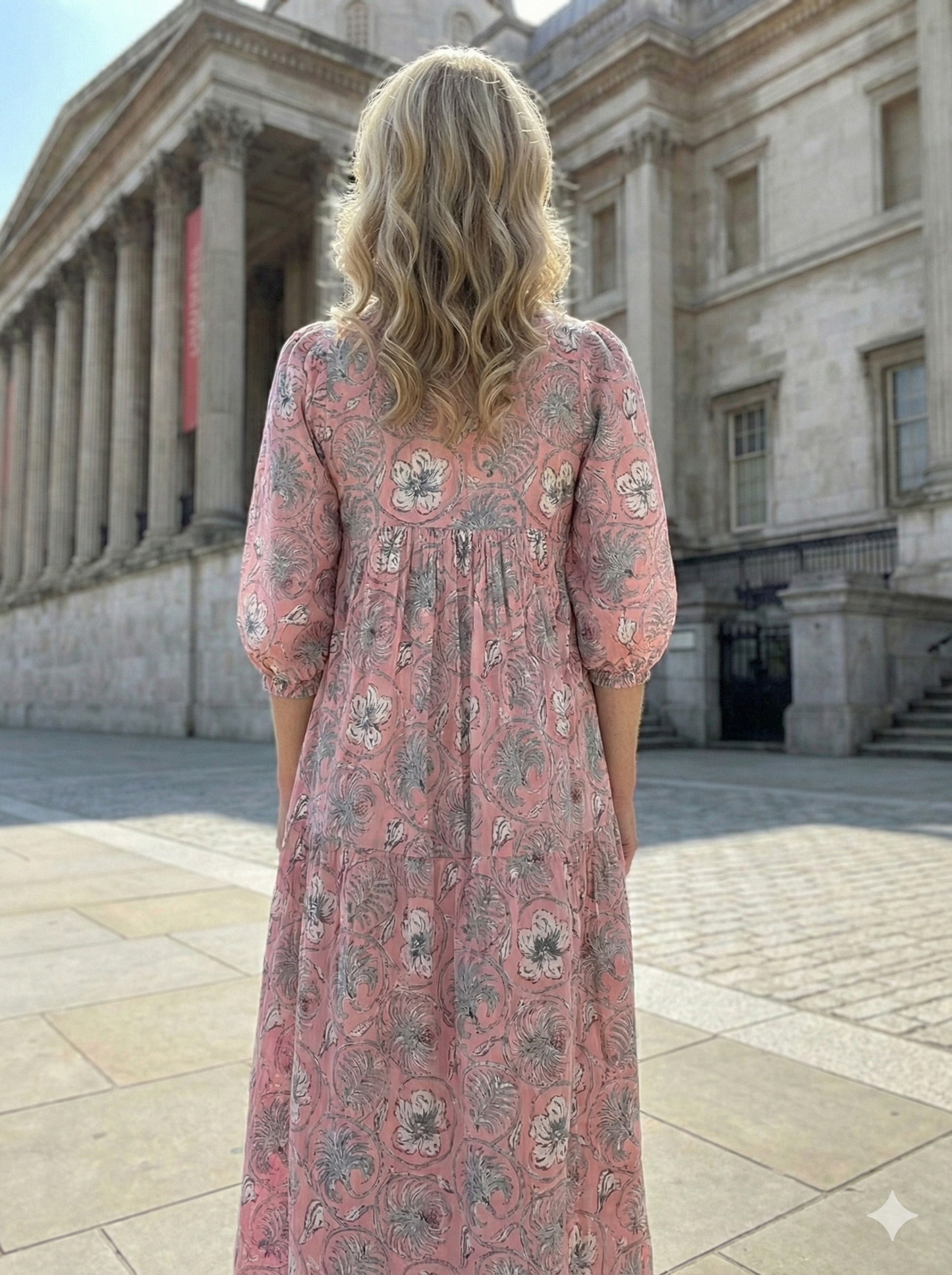bohemian pink-blue floral printed women's maxi dress - V neckline with belt long dress