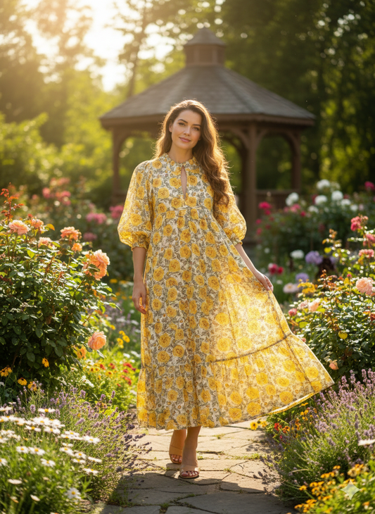 Yellow Marigold Floral Hand Block Printed Cotton Midi Dress – Boho Ruffle Neck Tiered Dress – Puff Sleeve Indian Summer Dress for Women