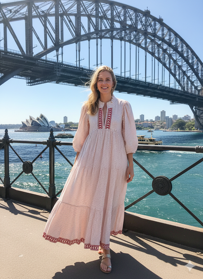 red doted block printed women's cotton maxi dress