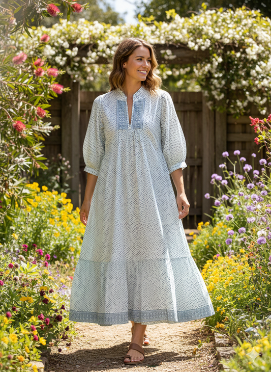 white and blue dotted maxi dress with belt