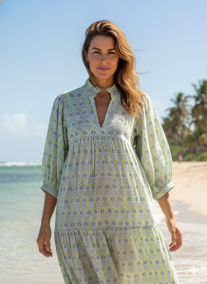 formal green-blue pineapple printed women's maxi dress