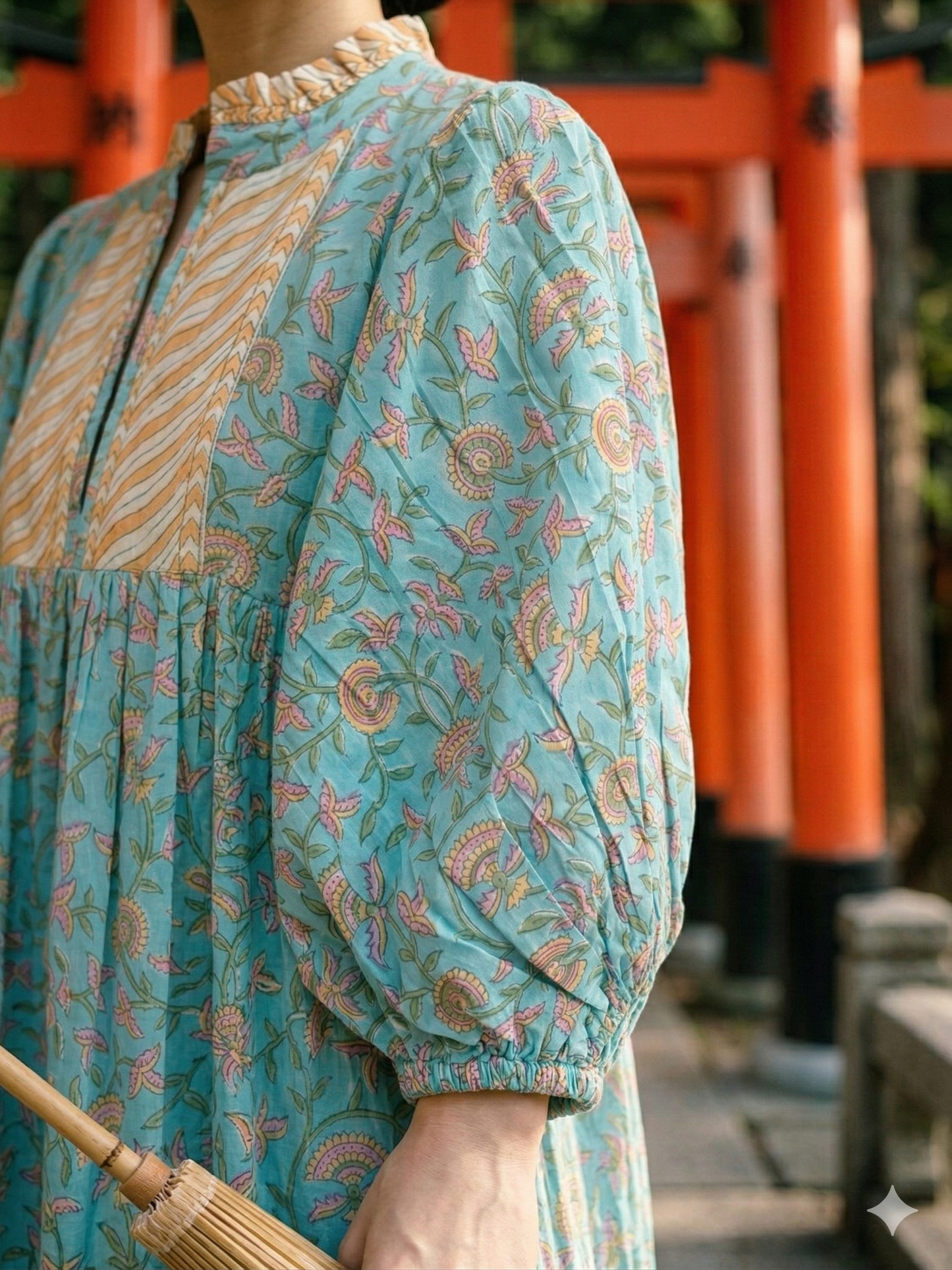 Turquoise Floral Hand Block Print Cotton Maxi Dress – Boho Puff Sleeve Tiered Dress