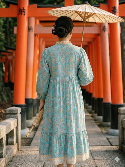 Turquoise Floral Hand Block Print Cotton Maxi Dress – Boho Puff Sleeve Tiered Dress