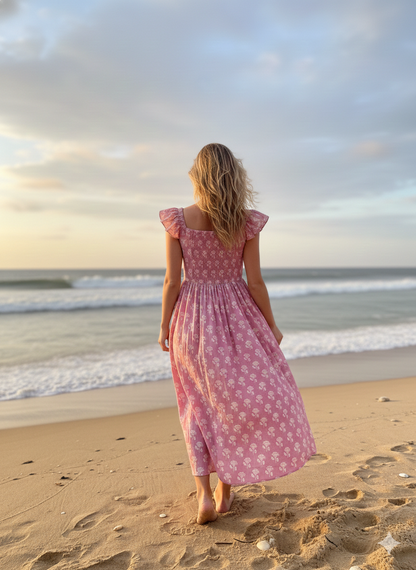 Pretty Pink Floral Cotton Maxi Dress – Frill Strap & Square Neckline – Hand Block Printed Dress